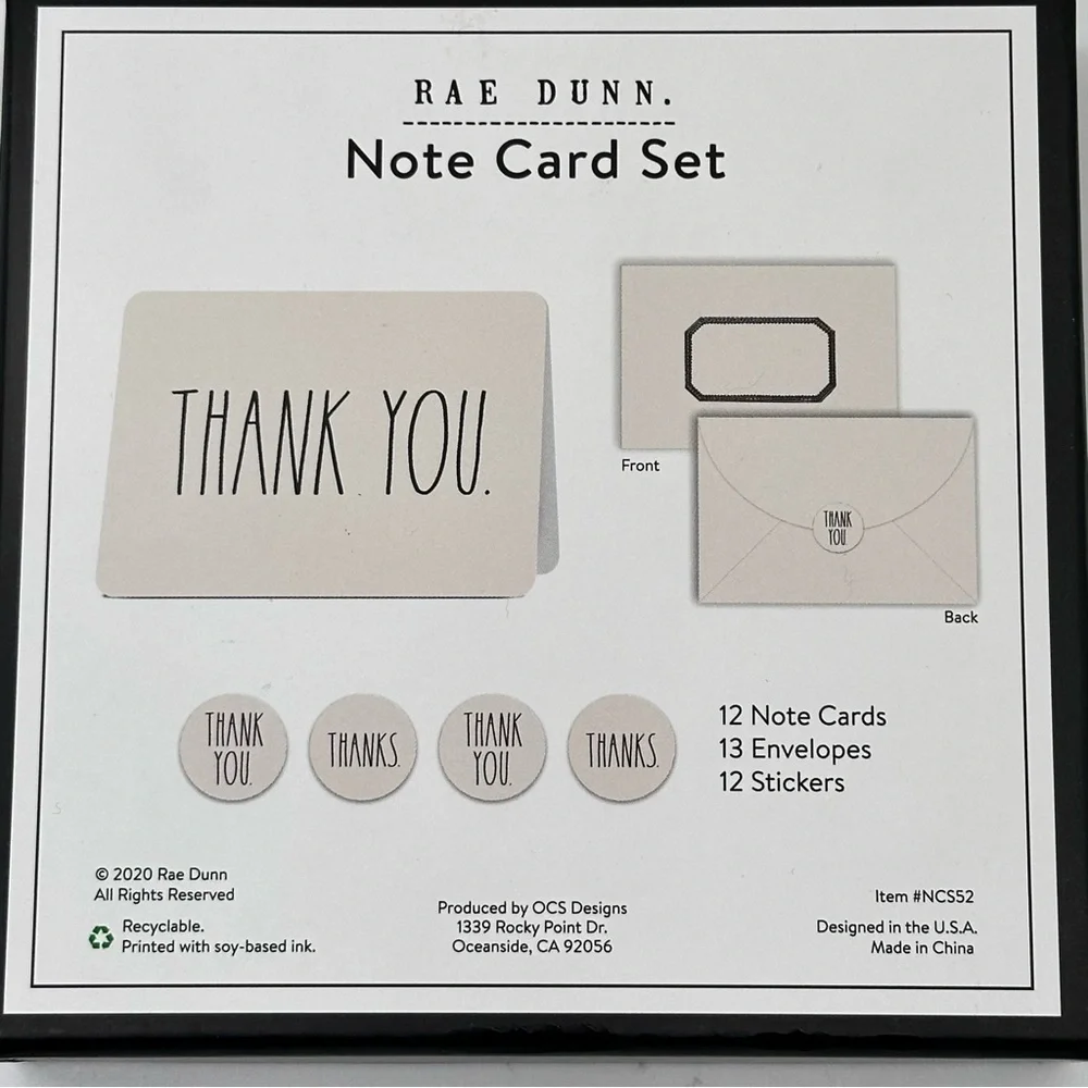Rae Dunn THANK YOU. (White) Note Card Set with Envelopes and Stickers